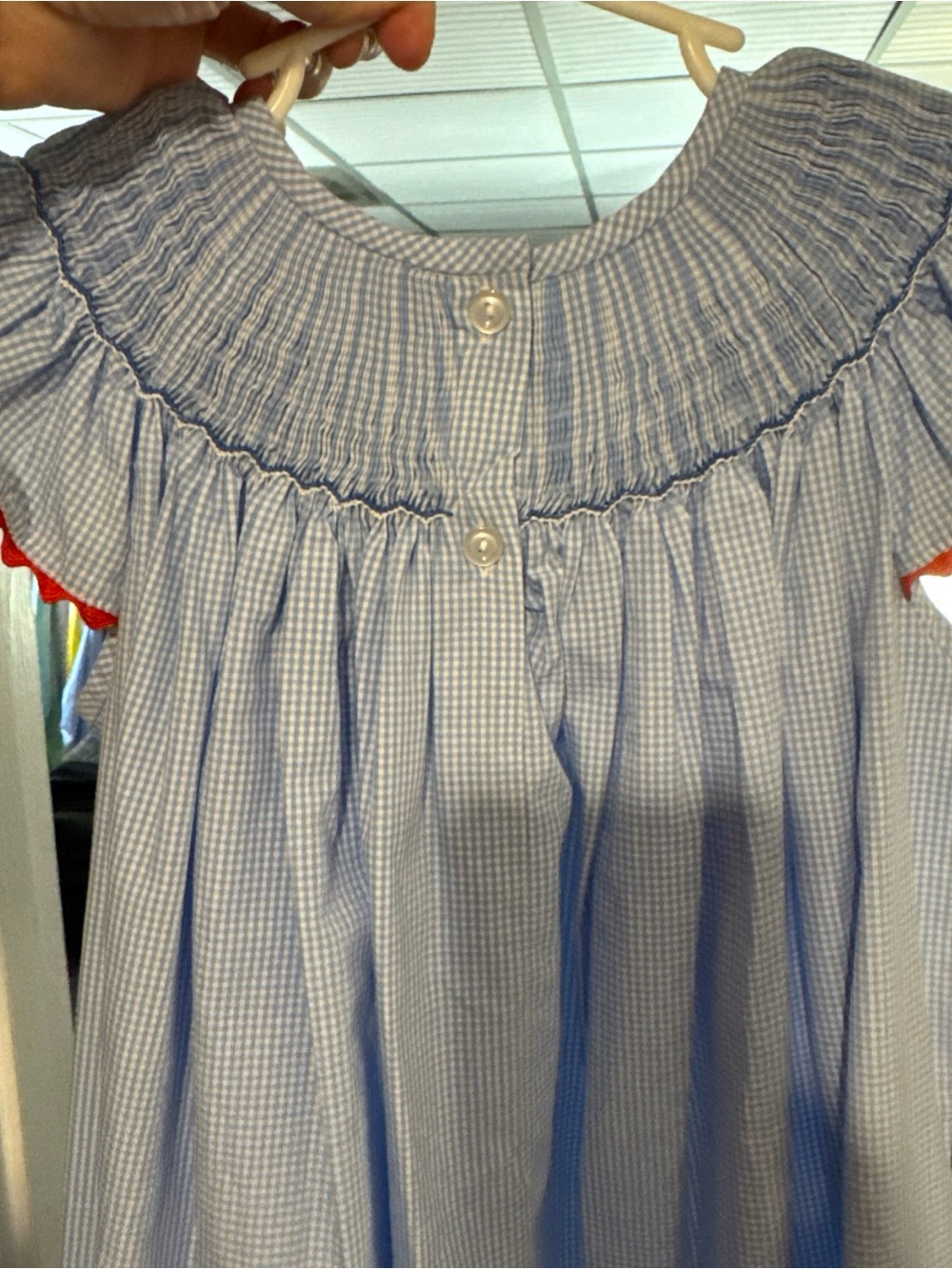 Stitchy Fish Girls' Blue Gingham Dress with Flag Smocking - Picture 6 of 7